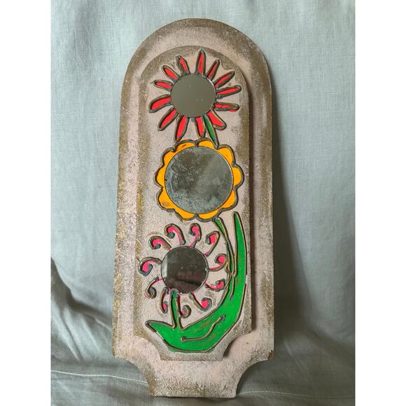 Vintage Folk Art Mirror Wooden Art pink flowers Painted Mirror - Picture 4 of 12